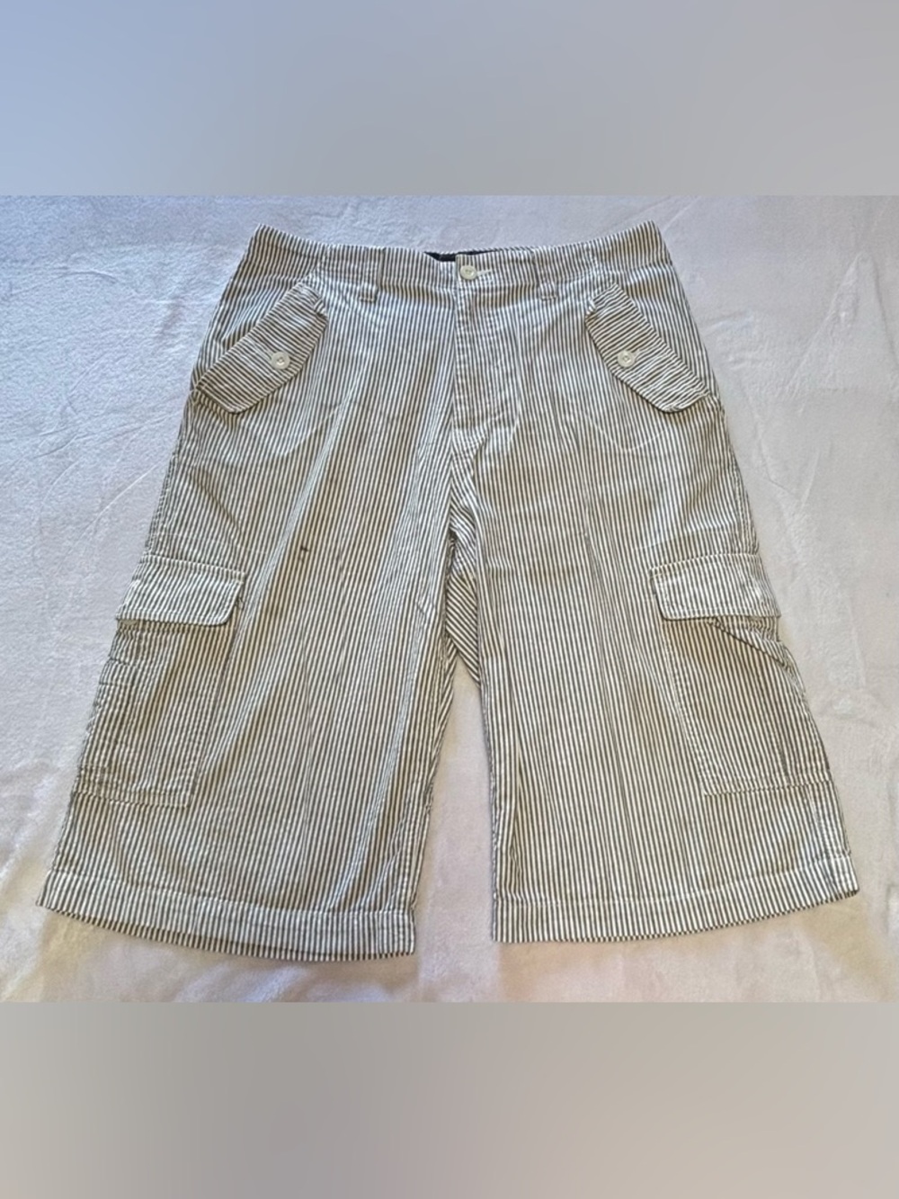 Vintage Rocawear Hickory Stripe Denim Cargo Shorts - Size 32 - Y2K Hip Hop Baggy